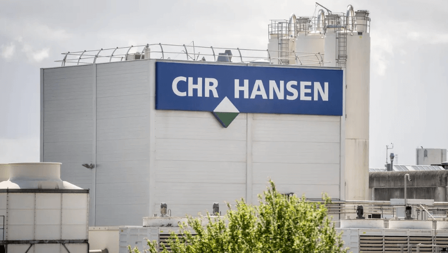 Chr. Hansen headquarters building with company logo in Denmark, global leader in sustainable agriculture and bioscience solutions